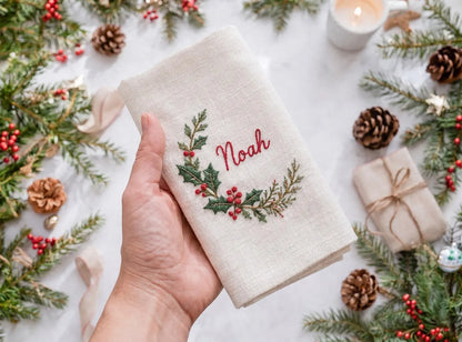 Personalized Christmas Linen Napkins Set of 6, Hand Embroidered Holly, Mistletoe, Pine & Berries, Custom Names, Holiday Table Decor Gift Set