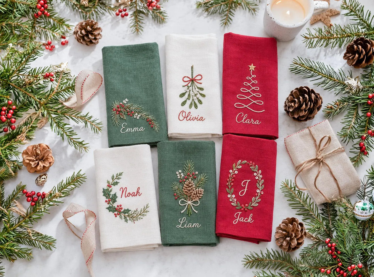 Personalized Christmas Linen Napkins Set of 6, Hand Embroidered Holly, Mistletoe, Pine & Berries, Custom Names, Holiday Table Decor Gift Set