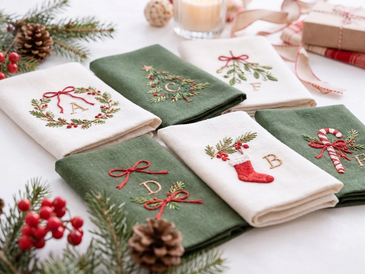 Personalized Christmas Linen Napkins Set of 6, Hand Embroidered Holly, Mistletoe, Pine & Berries, Custom Names, Holiday Table Decor Gift Set