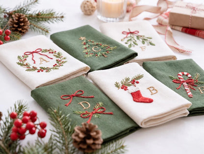 Personalized Christmas Linen Napkins Set of 6, Hand Embroidered Holly, Mistletoe, Pine & Berries, Custom Names, Holiday Table Decor Gift Set