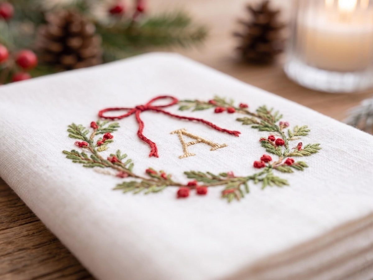 Personalized Christmas Linen Napkins Set of 6, Hand Embroidered Holly, Mistletoe, Pine & Berries, Custom Names, Holiday Table Decor Gift Set