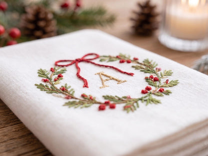Personalized Christmas Linen Napkins Set of 6, Hand Embroidered Holly, Mistletoe, Pine & Berries, Custom Names, Holiday Table Decor Gift Set