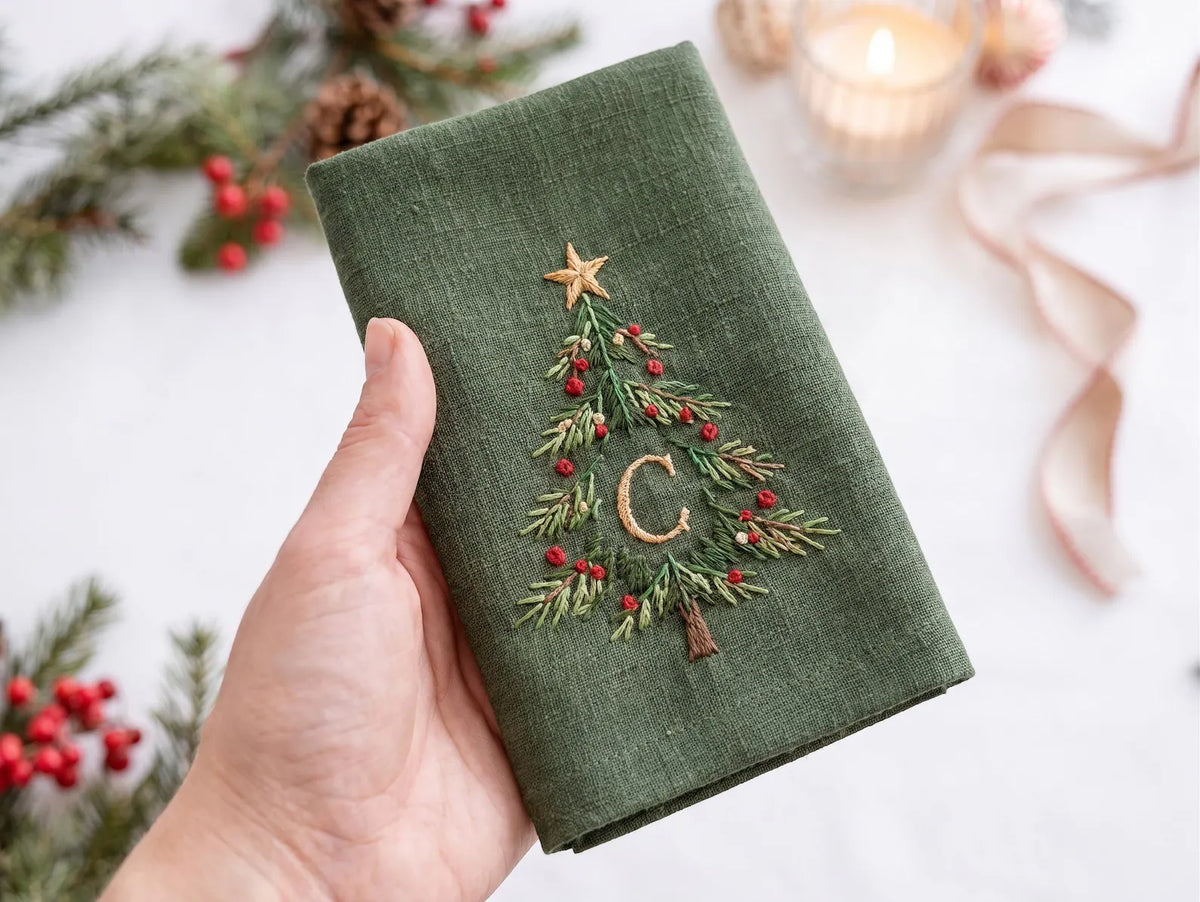 Personalized Christmas Linen Napkins Set of 6, Hand Embroidered Holly, Mistletoe, Pine & Berries, Custom Names, Holiday Table Decor Gift Set