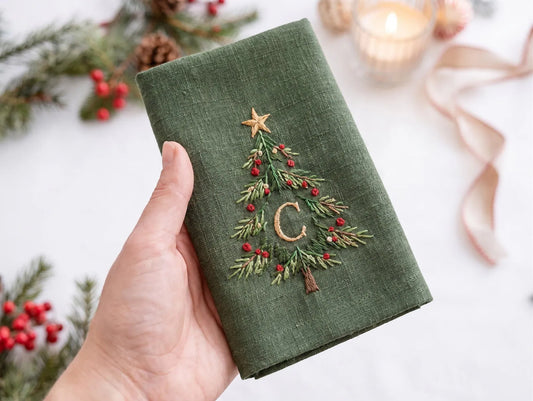 Personalized Christmas Linen Napkins Set of 6, Hand Embroidered Holly, Mistletoe, Pine & Berries, Custom Names, Holiday Table Decor Gift Set