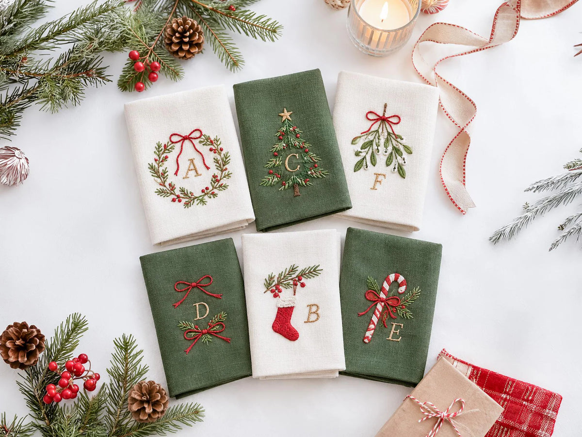 Personalized Christmas Linen Napkins Set of 6, Hand Embroidered Holly, Mistletoe, Pine & Berries, Custom Names, Holiday Table Decor Gift Set