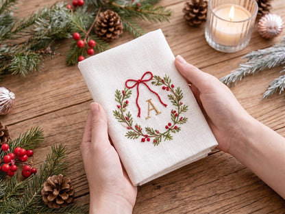 Personalized Christmas Linen Napkins Set of 6, Hand Embroidered Holly, Mistletoe, Pine & Berries, Custom Names, Holiday Table Decor Gift Set