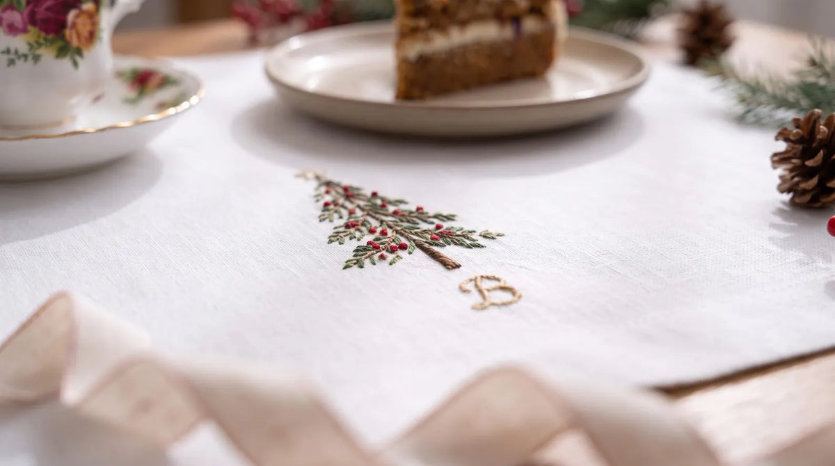 Personalized Christmas Linen Napkins Set of 6, Hand Embroidered Holly, Mistletoe, Pine & Berries, Custom Names, Holiday Table Decor Gift Set
