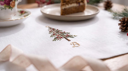 Personalized Christmas Linen Napkins Set of 6, Hand Embroidered Holly, Mistletoe, Pine & Berries, Custom Names, Holiday Table Decor Gift Set