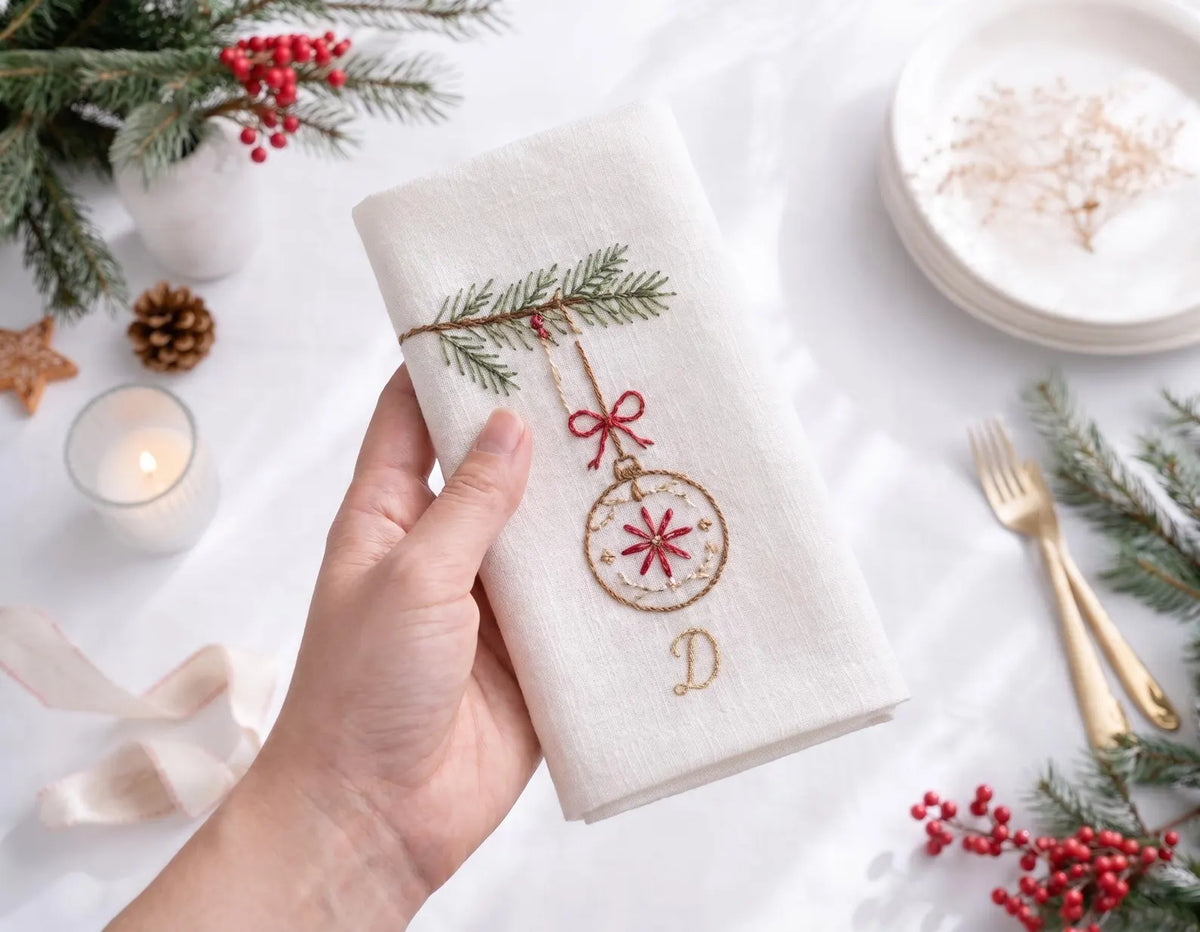 Personalized Christmas Linen Napkins Set of 6, Hand Embroidered Holly, Mistletoe, Pine & Berries, Custom Names, Holiday Table Decor Gift Set