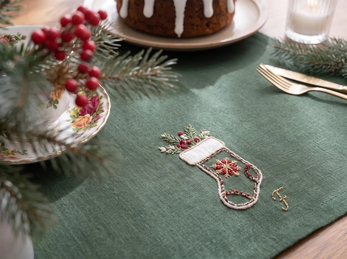 Personalized Christmas Linen Napkins Set of 6, Hand Embroidered Holly, Mistletoe, Pine & Berries, Custom Names, Holiday Table Decor Gift Set