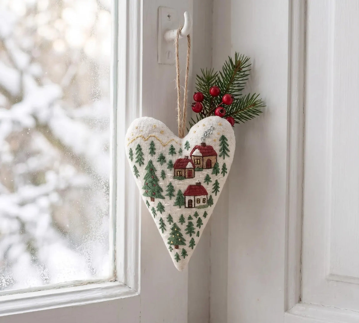 Hand Embroidered Christmas Heart Ornament – Cozy Winter Village Scene, Holiday Linen Decoration, Christmas Gift Decoration