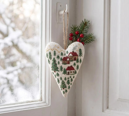 Hand Embroidered Christmas Heart Ornament – Cozy Winter Village Scene, Holiday Linen Decoration, Christmas Gift Decoration