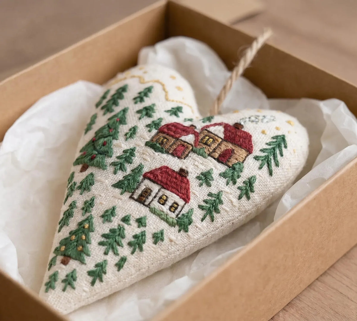 Hand Embroidered Christmas Heart Ornament – Cozy Winter Village Scene, Holiday Linen Decoration, Christmas Gift Decoration