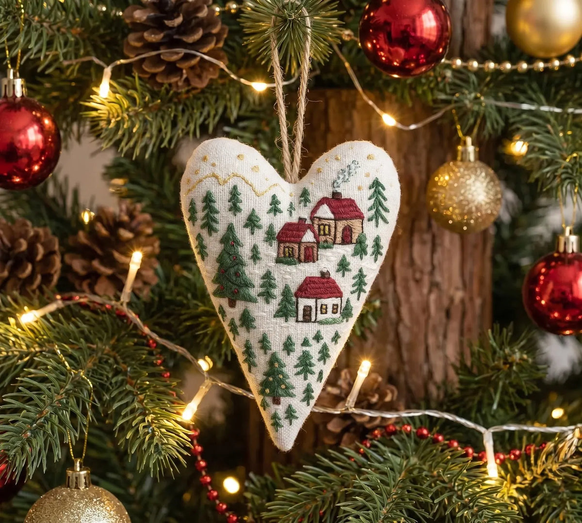 Hand Embroidered Christmas Heart Ornament – Cozy Winter Village Scene, Holiday Linen Decoration, Christmas Gift Decoration