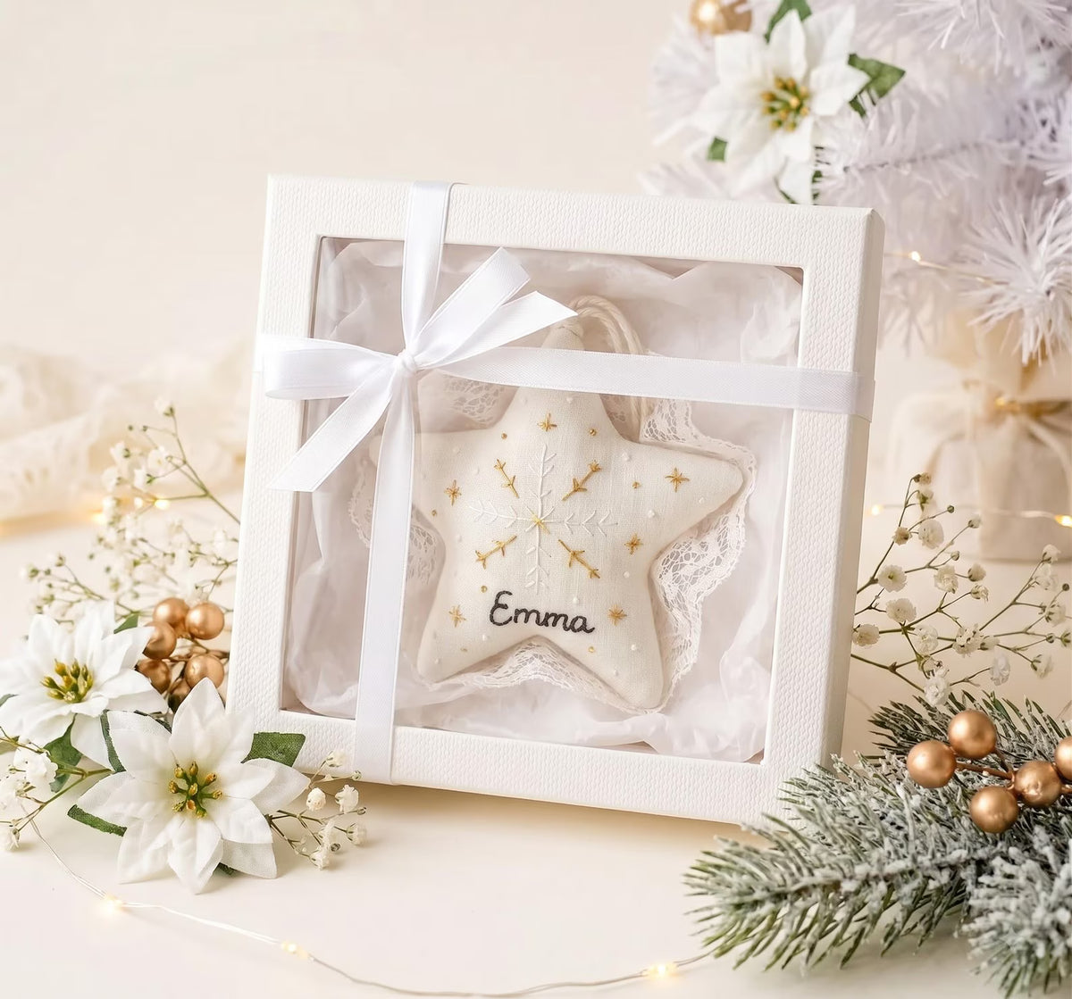 Personalized Embroidered Christmas Ornament – Linen Tree, Star & Heart Shapes, Personalized Holiday Gift, Handmade Decoration Keepsake