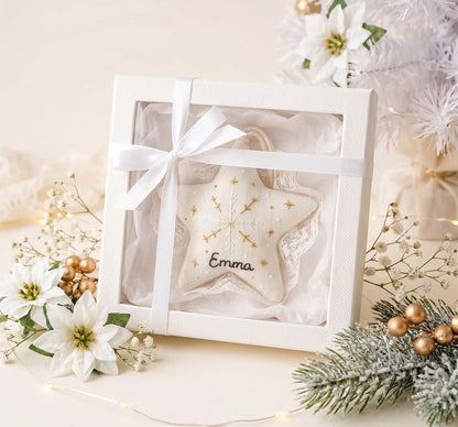 Personalized Embroidered Christmas Ornament – Linen Tree, Star & Heart Shapes, Personalized Holiday Gift, Handmade Decoration Keepsake