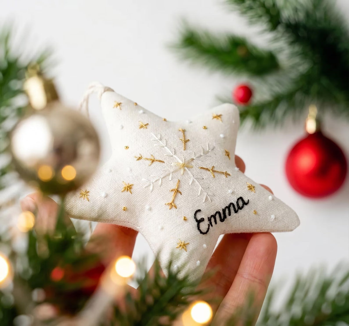 Personalized Embroidered Christmas Ornament – Linen Tree, Star & Heart Shapes, Personalized Holiday Gift, Handmade Decoration Keepsake