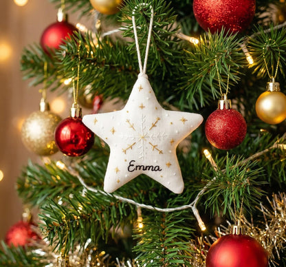 Personalized Embroidered Christmas Ornament – Linen Tree, Star & Heart Shapes, Personalized Holiday Gift, Handmade Decoration Keepsake