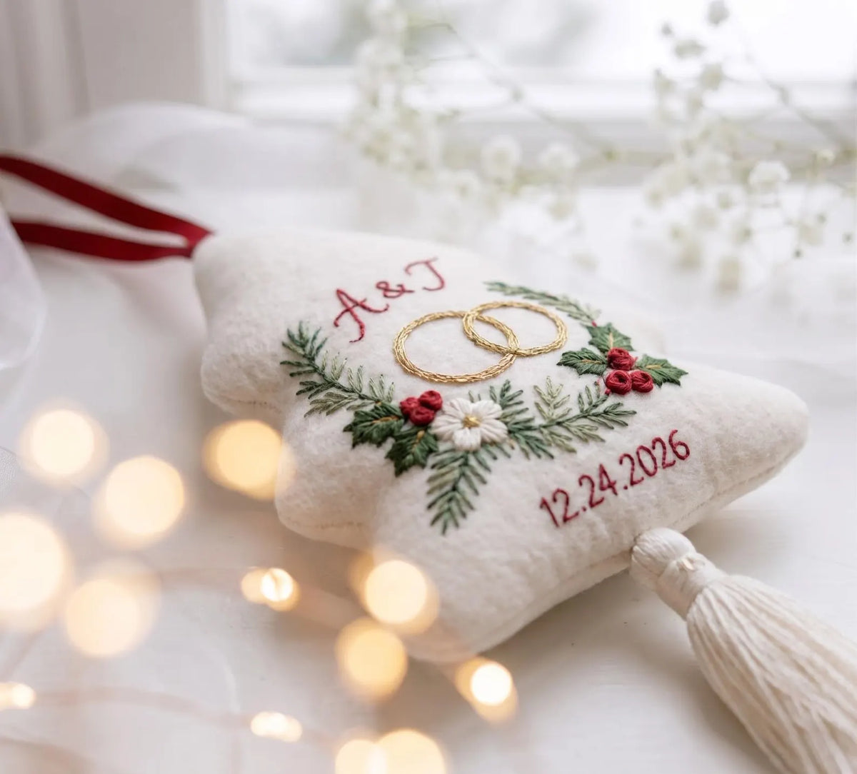 Personalized Christmas Tree Ornament, Embroidered Wedding Ornament, Custom Couple Initials & Date, Wedding Keepsake Gift for Bride and Groom
