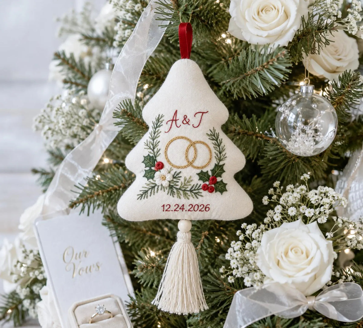 Personalized Christmas Tree Ornament, Embroidered Wedding Ornament, Custom Couple Initials & Date, Wedding Keepsake Gift for Bride and Groom