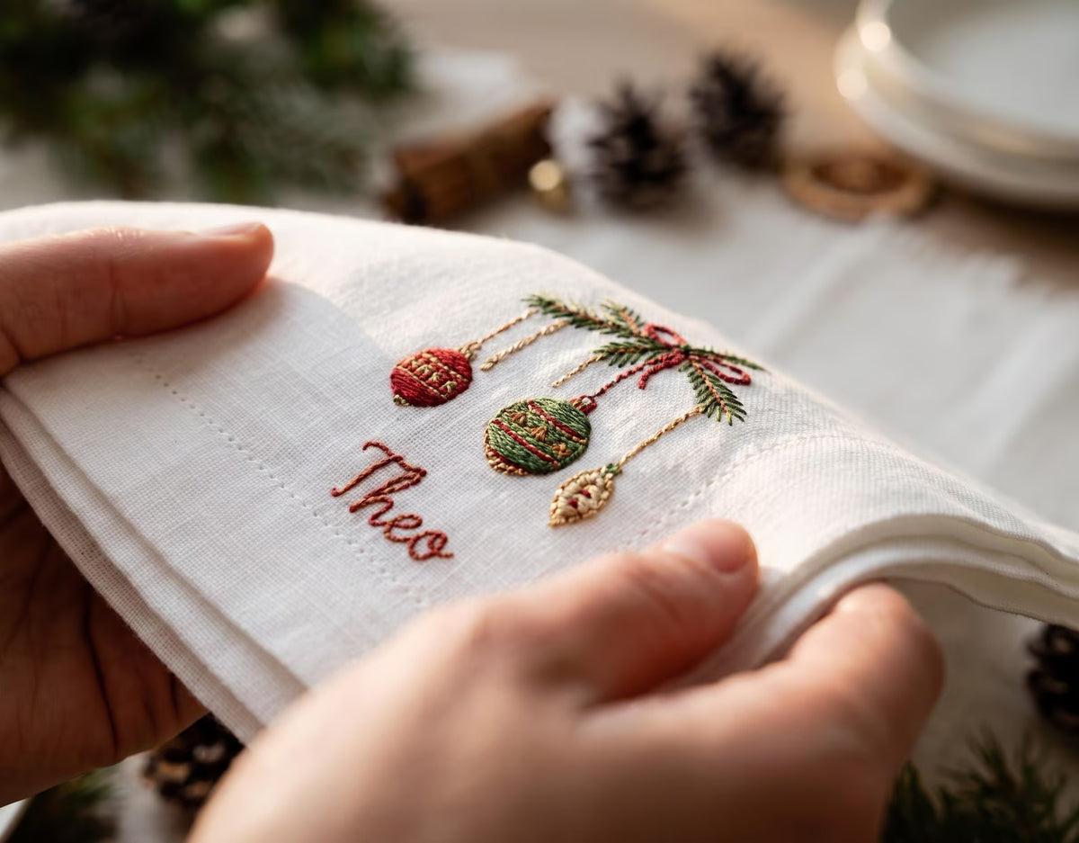 Personalized Christmas Linen Napkins Set of 6, Embroidered Dinner Napkins, Custom Name Red Green White Holiday Table Decor for Family Dinner