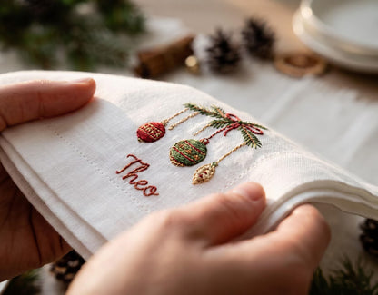 Personalized Christmas Linen Napkins Set of 6, Embroidered Dinner Napkins, Custom Name Red Green White Holiday Table Decor for Family Dinner