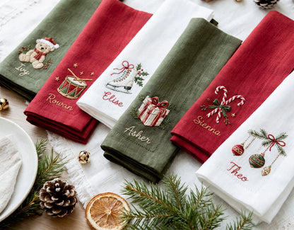 Personalized Christmas Linen Napkins Set of 6, Embroidered Dinner Napkins, Custom Name Red Green White Holiday Table Decor for Family Dinner