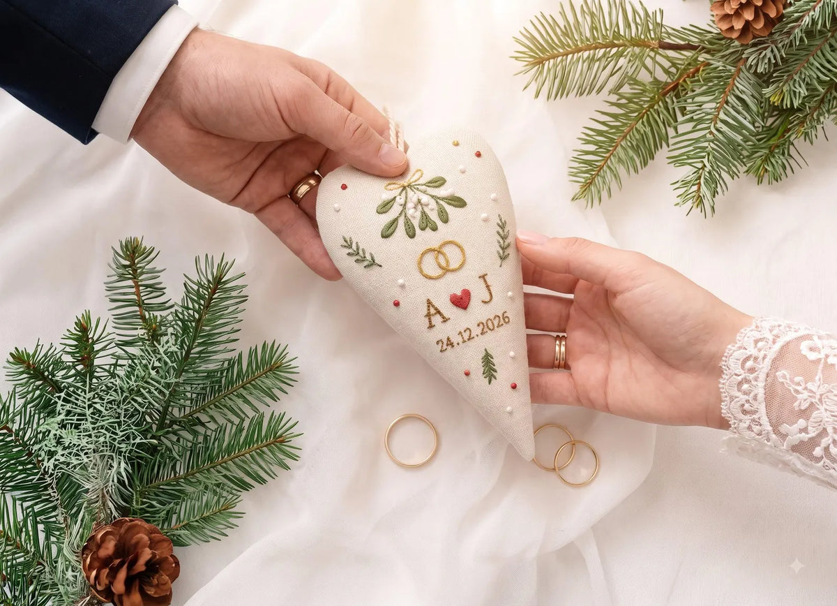 Personalized Wedding Heart Ornament – Hand Embroidered Linen Floral Ornament with Names & Date – Custom Wedding Christmas Gift Decoration