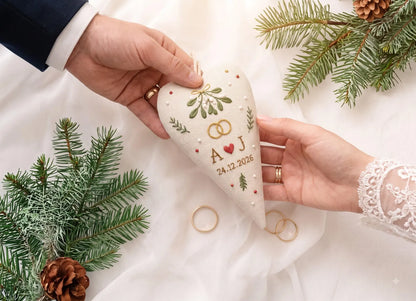 Personalized Wedding Heart Ornament – Hand Embroidered Linen Floral Ornament with Names & Date – Custom Wedding Christmas Gift Decoration