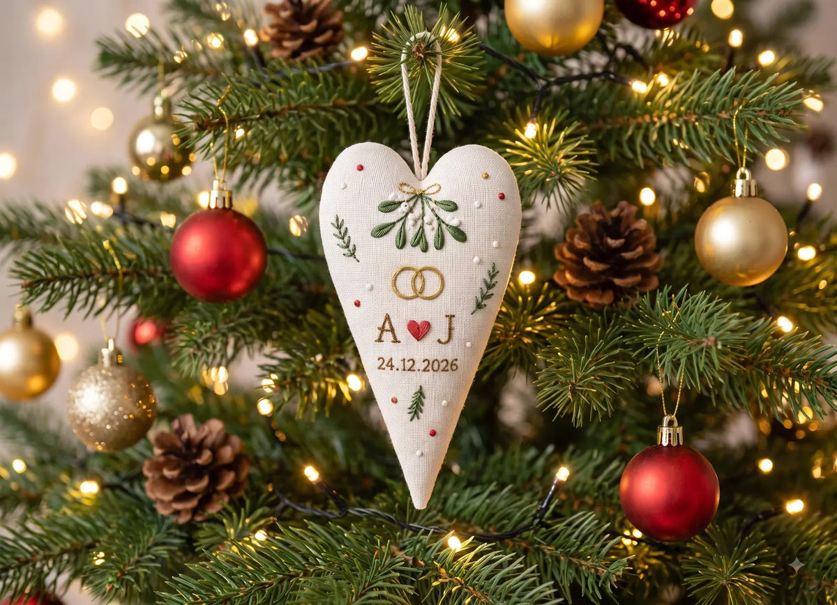Personalized Wedding Heart Ornament – Hand Embroidered Linen Floral Ornament with Names & Date – Custom Wedding Christmas Gift Decoration