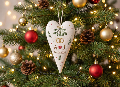 Personalized Wedding Heart Ornament – Hand Embroidered Linen Floral Ornament with Names & Date – Custom Wedding Christmas Gift Decoration