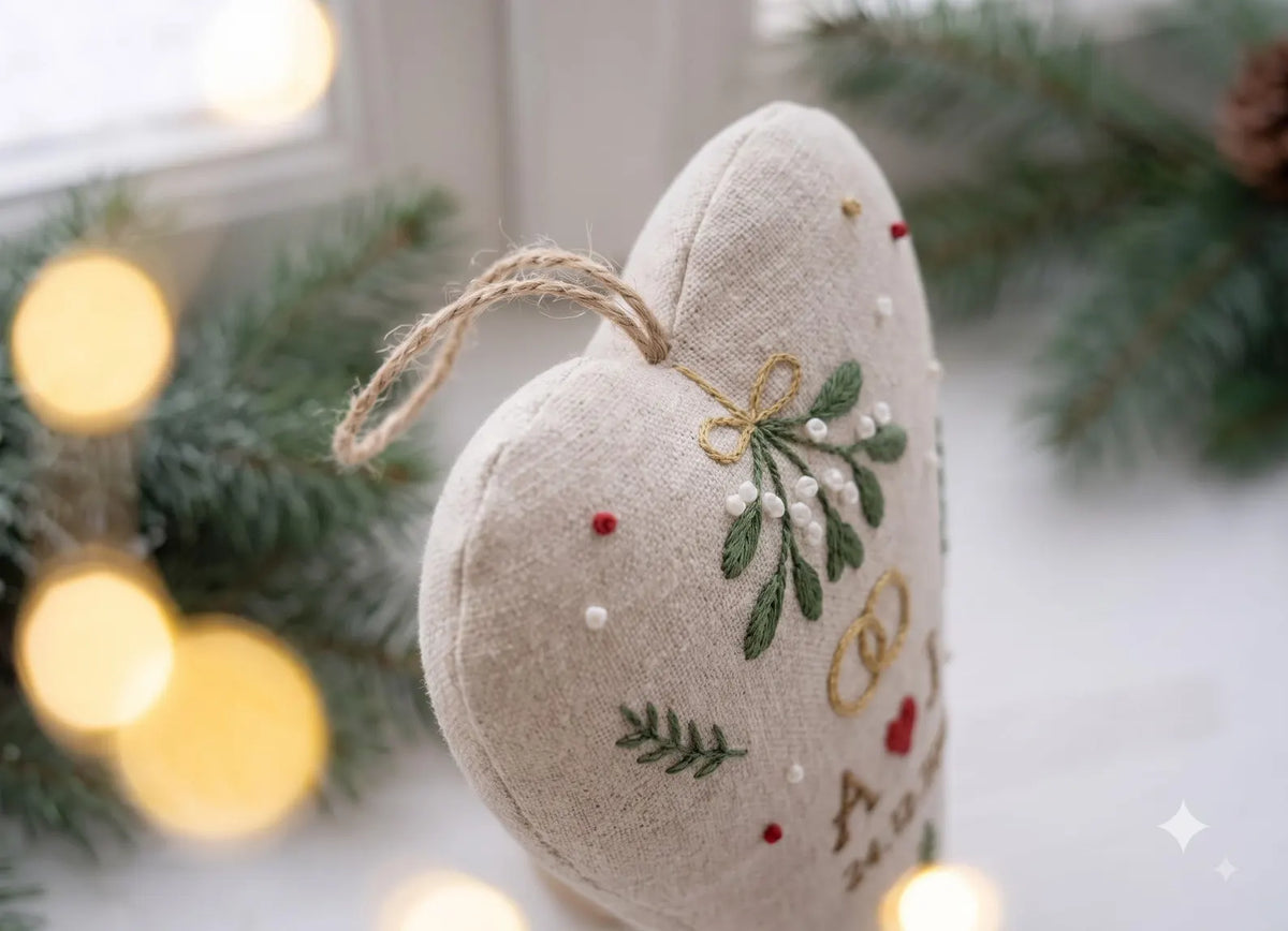 Personalized Wedding Heart Ornament – Hand Embroidered Linen Floral Ornament with Names & Date – Custom Wedding Christmas Gift Decoration