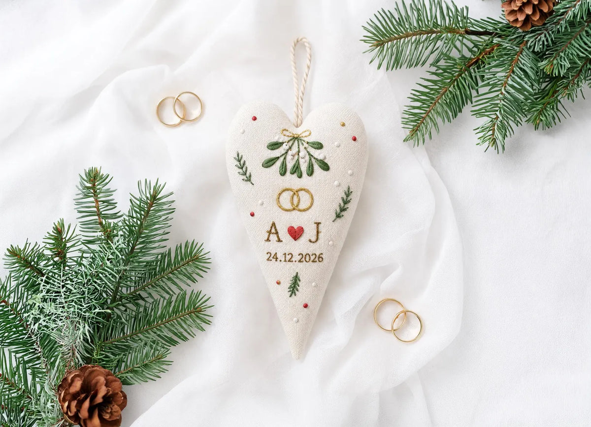 Personalized Wedding Heart Ornament – Hand Embroidered Linen Floral Ornament with Names & Date – Custom Wedding Christmas Gift Decoration