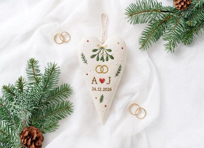 Personalized Wedding Heart Ornament – Hand Embroidered Linen Floral Ornament with Names & Date – Custom Wedding Christmas Gift Decoration