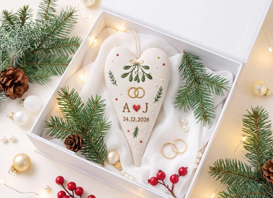 Personalized Wedding Heart Ornament – Hand Embroidered Linen Floral Ornament with Names & Date – Custom Wedding Christmas Gift Decoration