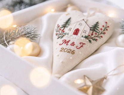 Personalized Wedding Heart Ornament – Hand Embroidered Linen Floral Ornament with Names & Date – Custom Wedding Christmas Gift Decoration