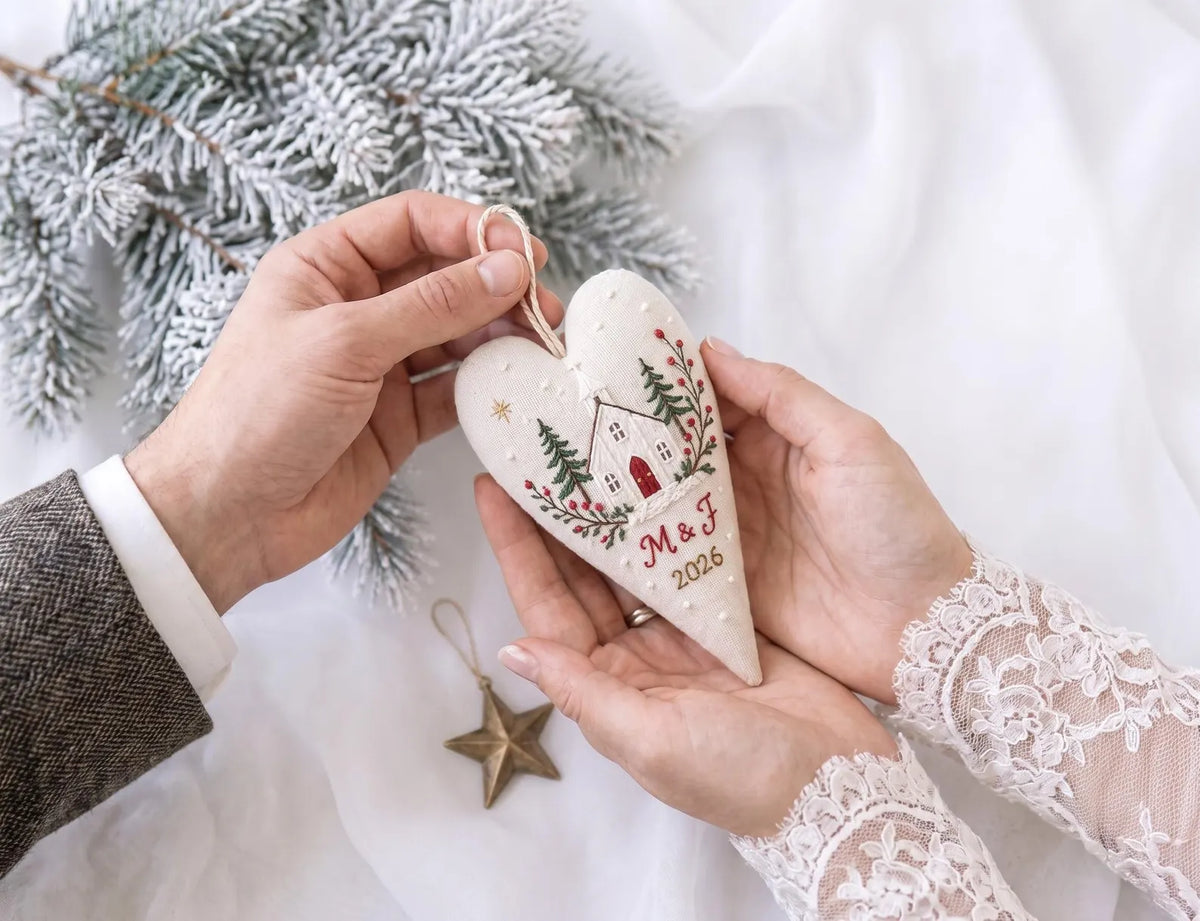 Personalized Wedding Heart Ornament – Hand Embroidered Linen Floral Ornament with Names & Date – Custom Wedding Christmas Gift Decoration
