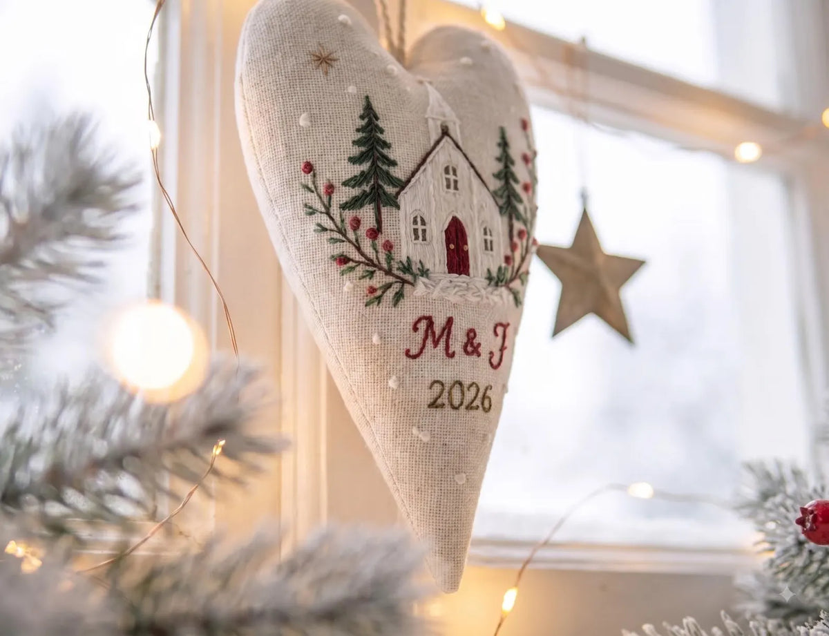 Personalized Wedding Heart Ornament – Hand Embroidered Linen Floral Ornament with Names & Date – Custom Wedding Christmas Gift Decoration