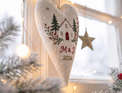 Personalized Wedding Heart Ornament – Hand Embroidered Linen Floral Ornament with Names & Date – Custom Wedding Christmas Gift Decoration