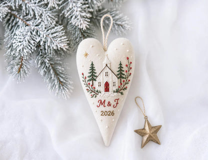 Personalized Wedding Heart Ornament – Hand Embroidered Linen Floral Ornament with Names & Date – Custom Wedding Christmas Gift Decoration