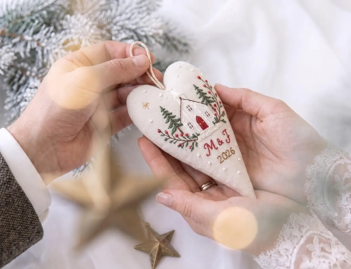 Personalized Wedding Heart Ornament – Hand Embroidered Linen Floral Ornament with Names & Date – Custom Wedding Christmas Gift Decoration