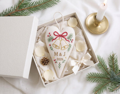 Personalized Christmas Heart Ornament, Embroidered Wedding Bells Linen Ornament, Custom Couple Initials & Year, Christmas Gift for Newlyweds