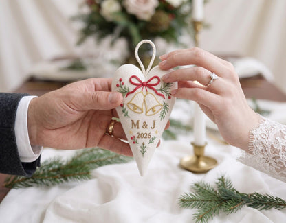 Personalized Christmas Heart Ornament, Embroidered Wedding Bells Linen Ornament, Custom Couple Initials & Year, Christmas Gift for Newlyweds