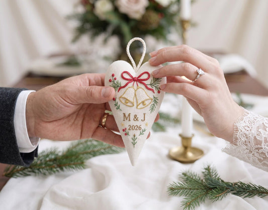 Personalized Christmas Heart Ornament, Embroidered Wedding Bells Linen Ornament, Custom Couple Initials & Year, Christmas Gift for Newlyweds