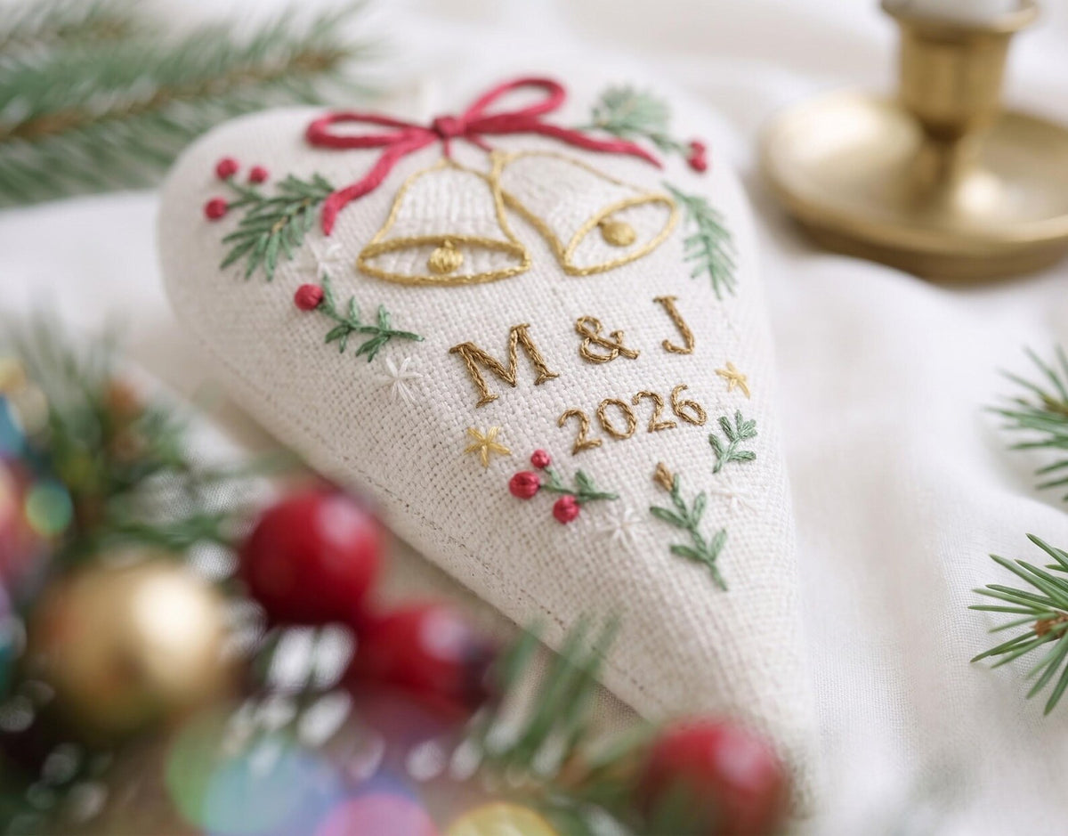 Personalized Christmas Heart Ornament, Embroidered Wedding Bells Linen Ornament, Custom Couple Initials & Year, Christmas Gift for Newlyweds