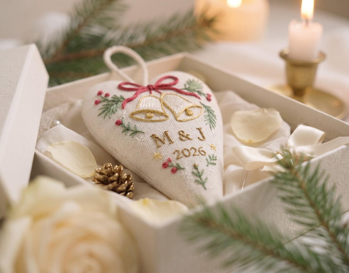 Personalized Christmas Heart Ornament, Embroidered Wedding Bells Linen Ornament, Custom Couple Initials & Year, Christmas Gift for Newlyweds