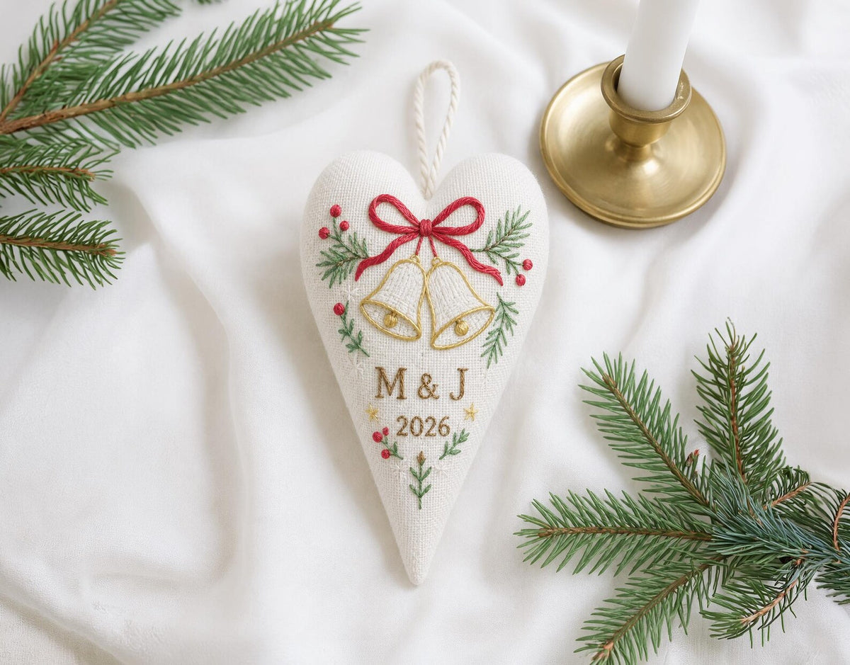 Personalized Christmas Heart Ornament, Embroidered Wedding Bells Linen Ornament, Custom Couple Initials & Year, Christmas Gift for Newlyweds