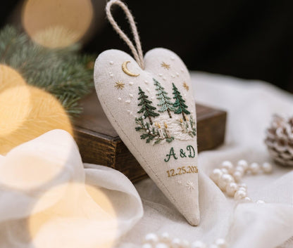 Personalized Christmas Heart Ornament, Embroidered Pine Forest Linen Ornament, Custom Couple Initials & Date, Winter Wedding Gift for Couple