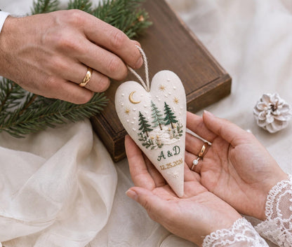 Personalized Christmas Heart Ornament, Embroidered Pine Forest Linen Ornament, Custom Couple Initials & Date, Winter Wedding Gift for Couple