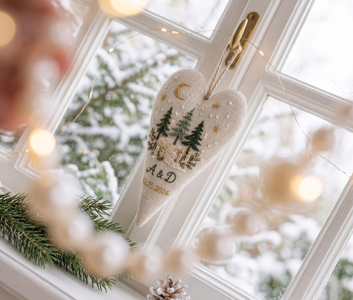 Personalized Christmas Heart Ornament, Embroidered Pine Forest Linen Ornament, Custom Couple Initials & Date, Winter Wedding Gift for Couple